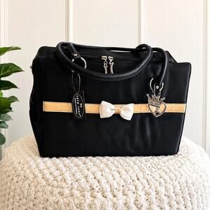 Y2K Lulu Jane Couture Pet Carrier Purse Black Cream Bow Silver Charm Dog Bag NWT